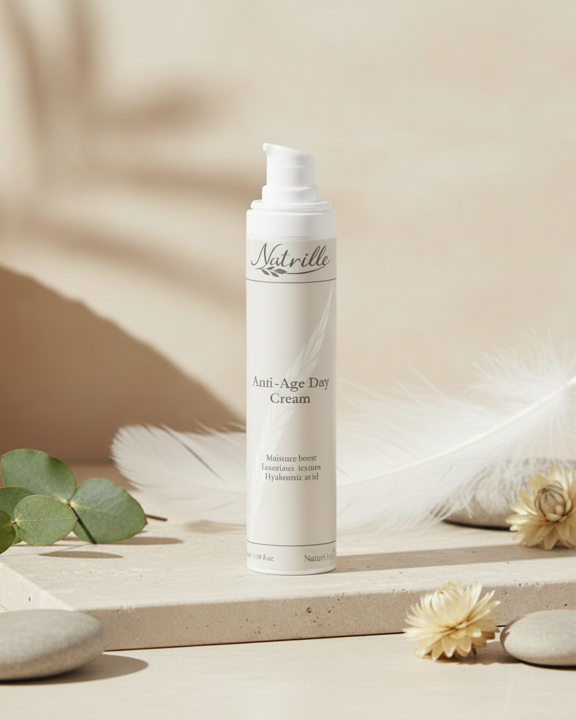 Natrille Anti-Age Day Cream with enhanced background and larger feather