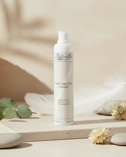 Natrille Anti-Age Day Cream with enhanced background and larger feather